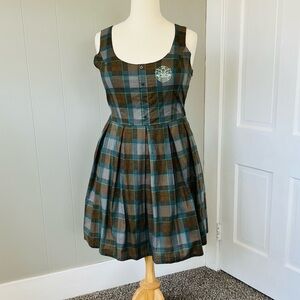 Outlander Plaid Scoop Neck Sleeveless Dress in Teal and Brown